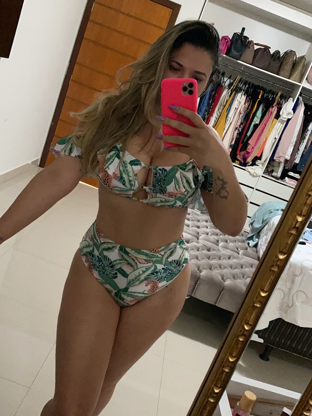 Tropical Leaf High-Waist Bikini Set - White & Green